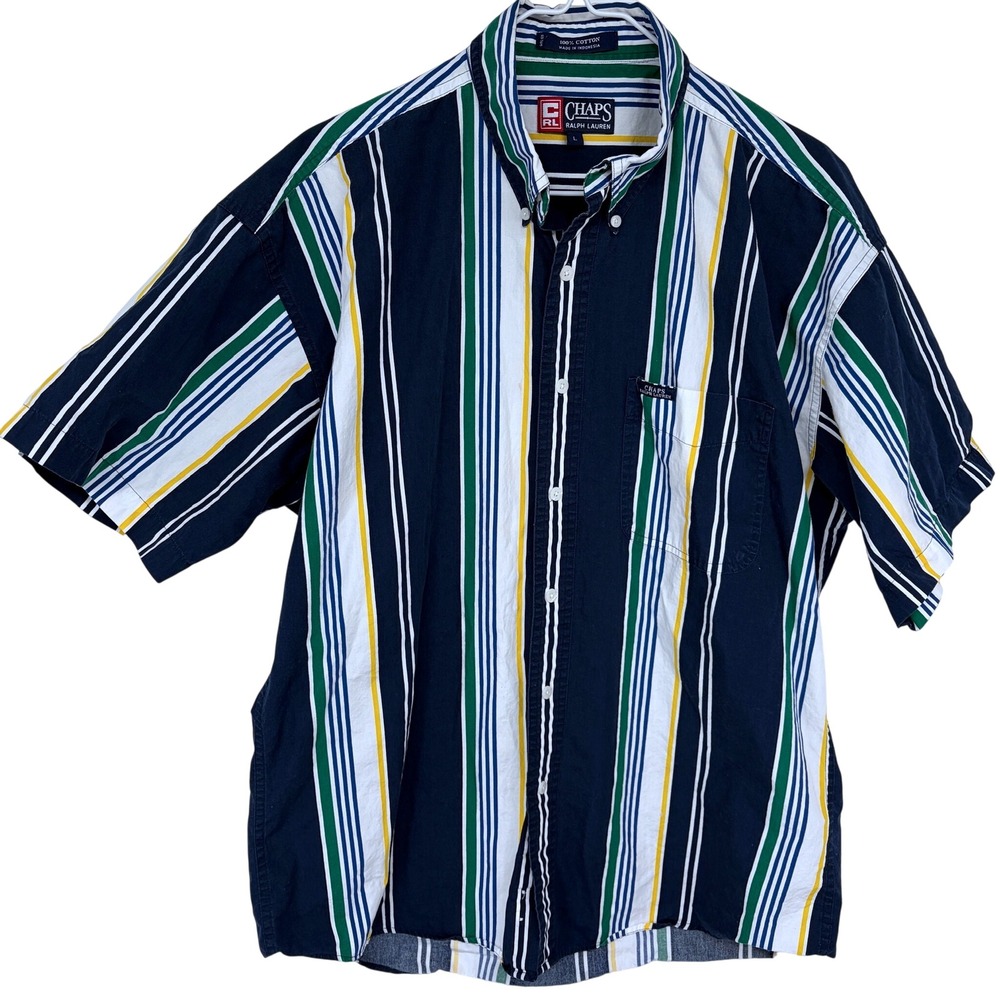 Vintage Chaps Ralph Lauren Striped Short Sleeve Button Up Shirt Large Colorful